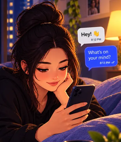 A young woman relaxing in the evening, smiling at a chat on her phone