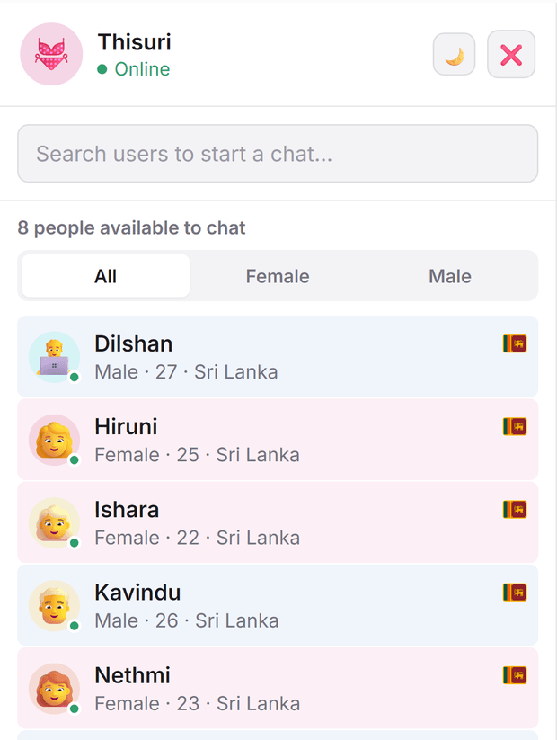 The Zabi SL chat list showing people currently available to chat